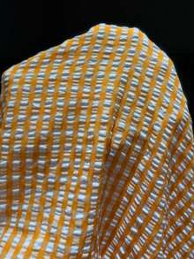 Polyester Fabric Pleated Texture Mid-Length Plaid Round Neck Elegant Casual A-Line Hem Short Sleeve Dress Summer - Orange - View 6