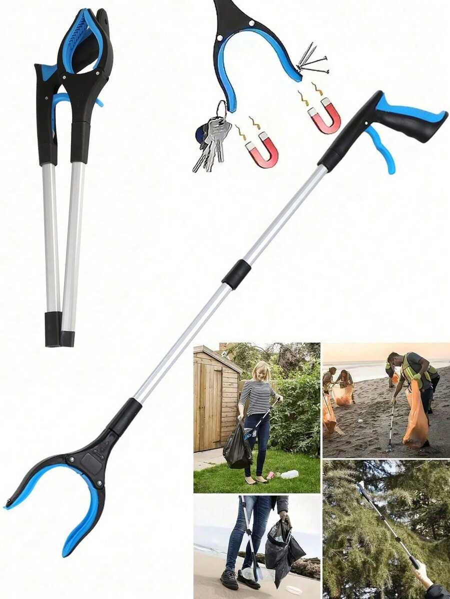 1pc 3-Fold Blue Extra Long Magnetic Tip Multipurpose Trash Picker Tongs Broom Clamp, Flexible Angled Grab For Bedroom, Kitchen, Balcony And Floor Cleaning - Multicolor - View 1