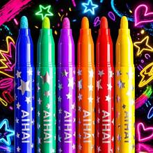 Set de 6 bolígrafos resaltadores que brillan en la oscuridad con diseño de cielo estrellado, combinación de 6 colores de alta saturación, escritura suave sin manchas ni roturas, adecuado para varios tipos de papel, Body del bolígrafo con diseño impreso de estrellas, combinando estética y practicidad, efecto de brillo soñador en luz tenue - Múltiples estilos - Ver 7