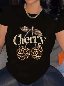 Camiseta de Moda para Mujer, Talla, Estampado de Leopardo y Cerezas, Cuello Redondo Cómodo, Lavable aáquina, Adecuada para Todas las Estaciones - Negro - Ver 1