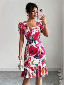 Vestido de mujer de cuello cuadrado de manga corta con estampado aleatorio - Rojo - Ver 12