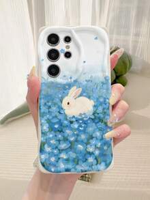 1 pieza Funda protectora de teléfono a prueba de golpes y antideslizante con textura de crema blanca y diseño de conejo azul lindo, compatible con iPhone, Honor - Beis - Ver 5