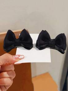 2pcs Girls' Bowknot Hairclips, Fresh Chiffon Headpieces (Note: Slight Color Difference May Occur Due To Fabric Batch Variation, Which Is Normal) - Black - View 2