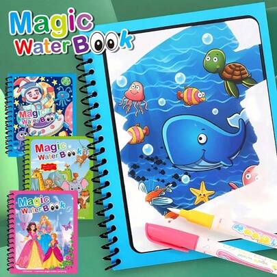 1/4 Set Magical Watercolor Painting Book, Suitable For All Ages Coloring And Drawing Set, Reusable Watercolor Sketchbook (Pen And Notebook Color Random), Applicable For Office, School, Painting, Students, Markers, Stationery, School Supplies. Watercolor Painting, Holiday Gift, Birthday Gift, Party Gift