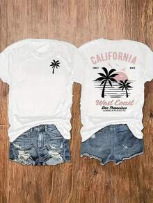 [Vintage Surf Tee] Vintage Surf & Palm Tree Women's Two-Sided California Graphic Print T-Shirt| Loose Fit Round Neck Short Sleeve Top, Spring Summer Casual Beachwear, Relaxed Fit Tee, Bold Lettering, Machine Washable, Breathable Fabric - trắng - Xem 1