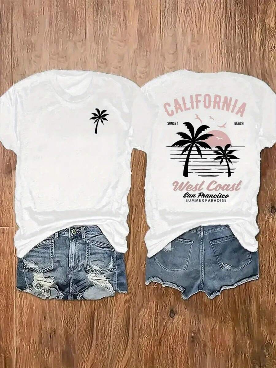 [Vintage Surf Tee] Vintage Surf & Palm Tree Women's Two-Sided California Graphic Print T-Shirt| Loose Fit Round Neck Short Sleeve Top, Spring Summer Casual Beachwear, Relaxed Fit Tee, Bold Lettering, Machine Washable, Breathable Fabric - trắng - Xem 1