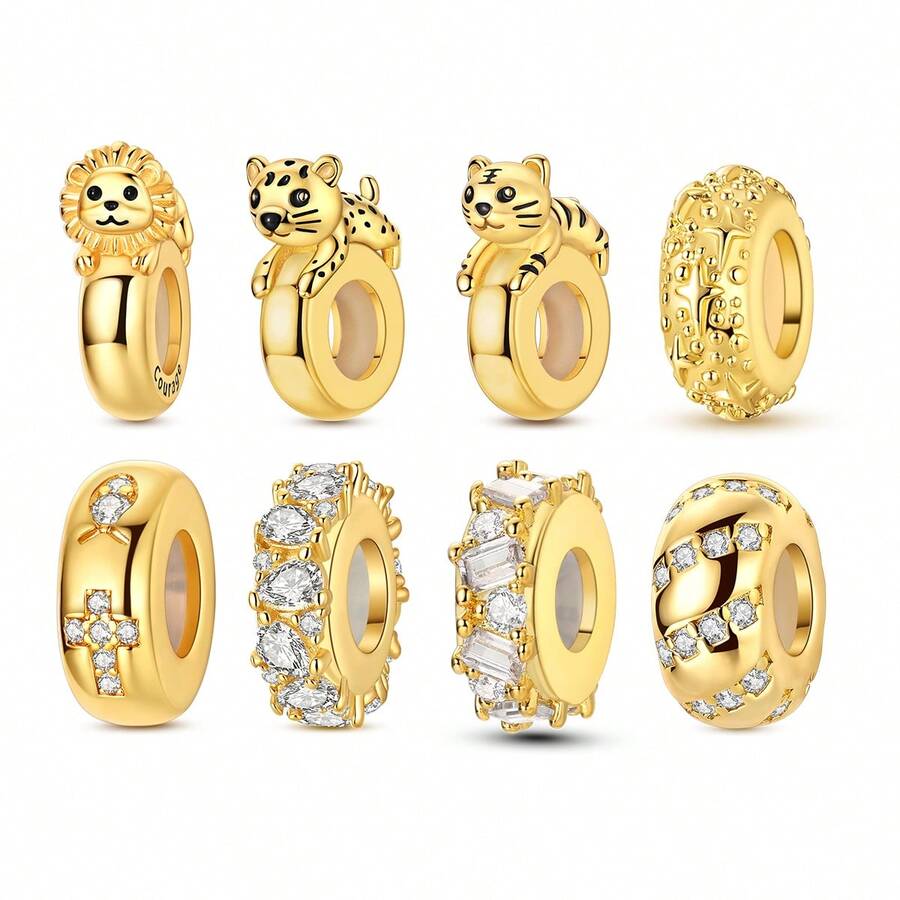 1Pc Gold Color Spacer Bead Sparkling Star Lion Tiger Leopard Cross Silicone Charm Fit Bracelet Bangle Diy Jewelry Making Beads Basic Accessories - Gold - View 1