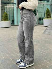 Jeans rectos de pierna ancha y estilo vintage para mujer, casuales para primavera - Gris Claro - Ver 5