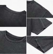 Vintage Washed T-Shirt Ratatouille Cotton T-Shirts Popular Tshirt For Beach Y2K Fun Casual Tops - 黑色 - 查看 3