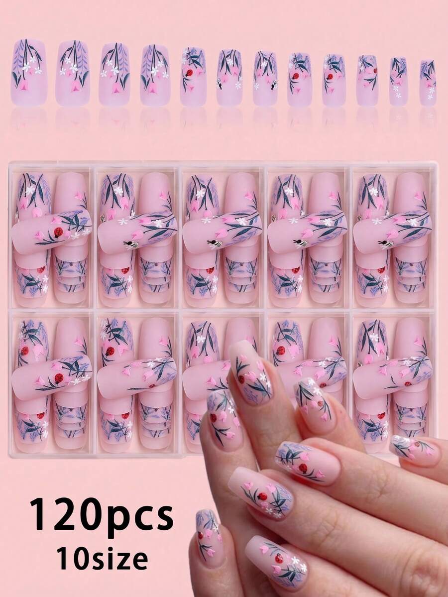 120片花卉美甲贴纸，Y2K坏女孩风格，法式中号方形尖头哑光按压式假指甲（红色、绿色、裸色、黑色按压式美甲贴纸，玫瑰、瓢虫、蜜蜂图案，方形，少女亚克力美甲贴纸，透明方形盒装美甲贴纸套装，创意礼物。按压式美甲贴纸，创意礼物美甲贴纸。） - 彩色 - 查看 1