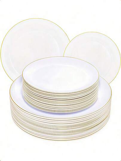 2 Stück/25 Stück/50 Stück weiße Teller mit goldenem Rand, 26cm und 19cm Speiseteller, hochwertige goldene Salatschüsseln, passend zu 75 Stück goldenem Besteck, goldgemusterte Servietten, 10oz transparente Gläser mit goldenem Rand, geeignet für Partyteller, Kuchenteller, Halloween, Weihnachtsgeschenke, Familienzusammenkünfte, Partys, Outdoor, Hochzeiten, Restaurants, Küchen