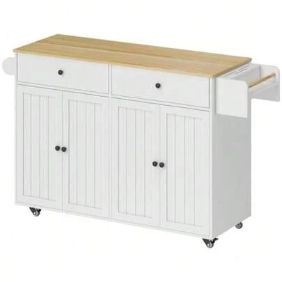Mobile Kitchen Island, 2 Drawers, 2 Cabinets, Spice Rack, Towel Rack, Knife Holder, MDF, White