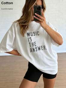 Casual Cute White Graphic Tee For Women, 'MUSIC IS THE ANSWER' Print Short Sleeve Drop Shoulder Round Neck T-Shirt, Stylish Knitted Top With,Autumn - White - View 6