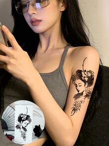 3 Sheets Japanese Geisha Temporary Tattoo, Waterproof Black Ink Ancient Beauty Body Art Sticker, Realistic Fake Tattoo For Arm Back,Sketch Style - Black - View 3