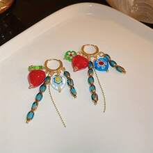 A Pair Of Vintage-Style Floral Heart-Shaped Earrings With Tassels, Suitable For Everyday Wear - Nhiều màu - Xem 2