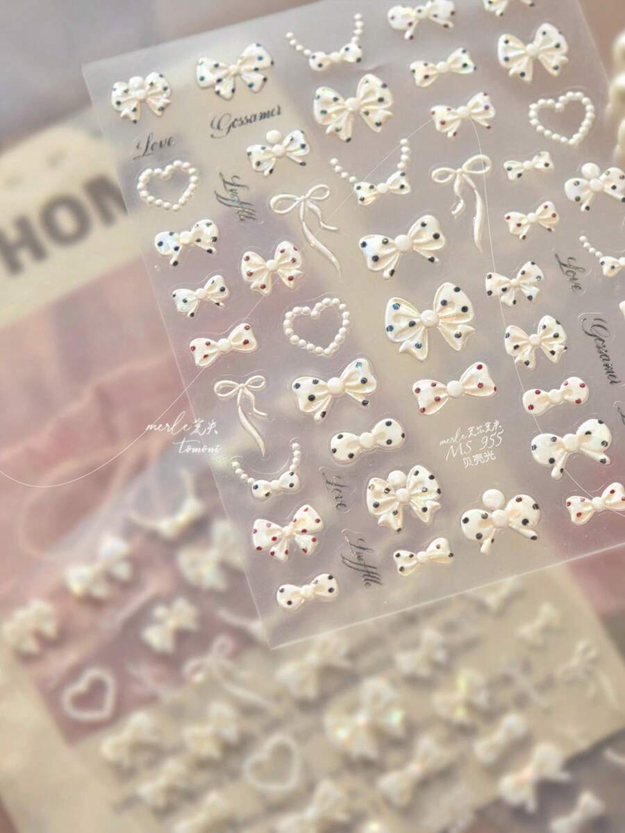1片3D可爱激光黑白红波点蝴蝶结美甲贴纸,高品质优雅美甲装饰设计,闪亮DIY美甲装饰 - 彩色 - 查看 1