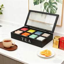 IDUK 1pc Wooden Tea Bag Storage Box With 8 Compartments, Tea Bag Storage Box, Tea Bag Organizer, Tea Bag Storage Container, Tea Bag Storage Station - Black - View 5