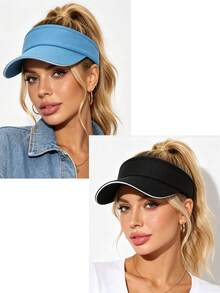 1/2pcs Women's Summer Outdoor Sports Ponytail Sun Hat, Foldable Portable Beach Hat, Suitable For Outdoor Sports, UV Protection - Multicolor - View 10