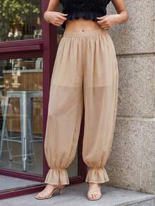 Pantalones holgados de mujer para primavera y verano, de color liso, estilo harem, con puños elásticos fruncidos. - gris rosado pálido - Ver 5