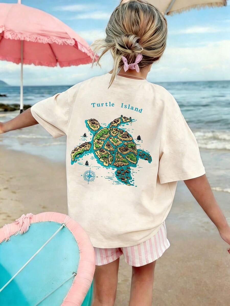 女童“海龟岛”海洋图案T恤，透气休闲夏季上衣，适合青少年女孩 - 杏色 - 查看 1