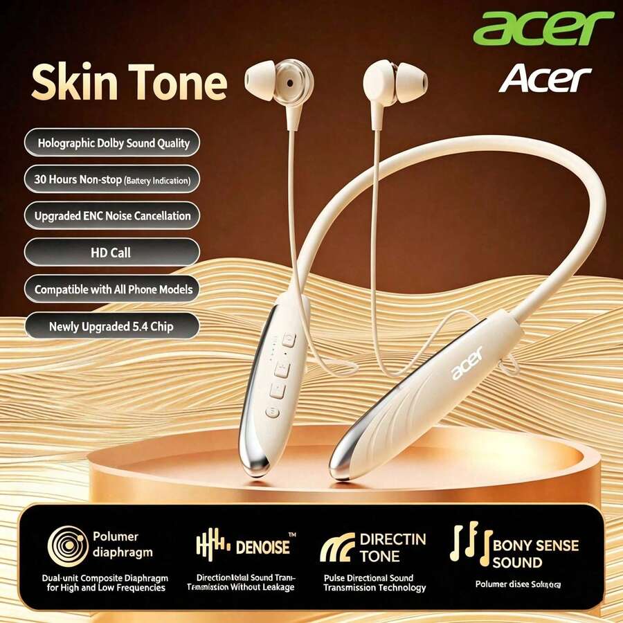 Acer Earphone Bluetooth OHR526 model neckband ini memiliki kualitas suara in-ear, desain nirkabel untuk olahraga, dan kompatibilitas dengan perangkat Apple dan Android, memberikan pengalaman musik yang mendalam sepanjang hari.