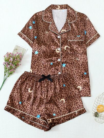 2pcs Satin Satin Leopard Print Star & Moon Short Sleeve Collared Top With Pocket And Bow Shorts Pajama Set For Women