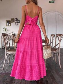 Vestido blanco vintage con estilo campestre, con volantes y parches, ideal para invitados de boda o cumpleaños, con lazo para mujeres - Rosa Fucsia - Ver 2