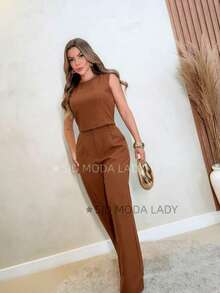 SJD MODA LADY Elegant And Chic Women's Tailored Suit, Practical Formal Uniform For Daily And Office Use, 2 Pieces, Sleeveless Cropped Blouse And Wide-Leg Suit Trousers, Garment With Perfect Fit, Comfortable Fabric, Stylish Luxury Look, Minimalist Casual Fashion, Women's Clothing For Christmas - 鏽棕色 - 查看 4