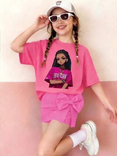 Tween Girls' Casual Cartoon Print T-Shirt With Bow Decor And Shorts, Summer