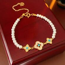 Collar y pendientes minimalistas de plata 925 con ojo del zodiaco turco, joyería mexicana hipoalergénica.Pulsera de perlas con flor de circonio chapada en oro real de 18k, pulsera estilo corte francesa, joyería femenina retro, versátil y a la moda. - Pulsera - Oro - Rojo (Chapada en de 18k) - Ver 7