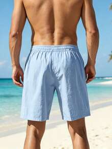 Men's Lightweight Linen Breathable Casual Beach Shorts, Loose Fit, Summer - Baby Blue - View 3