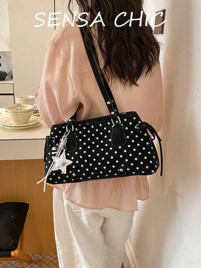 This Stylish Black Suede Shoulder Bag, Adorned With White Polka Dots And Star Charms, Is An Ideal Choice For Women. It Can Also Be Used As A Wallet Or Commuter Bag, Suitable For Working Professionals, Young Women, Students, And Girls. Whether For Work, Dates, Shopping, Daily Outings, Or Weekend Getaways, It's A Perfect Choice.