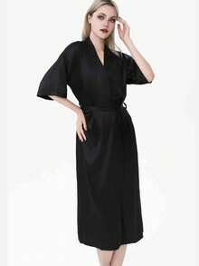 优雅丝滑缎面女士睡袍，欧式半袖裹身家居服，配腰带，光滑亲肤，休闲奢华家居睡衣，适合日常卧室沐浴穿着，纯色宽松舒适女士睡衣，理想的节日礼物。 - 彩色 - 查看 13