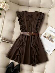 Vestido con diseño completo de volantes en el bajo en color marrón vintage / Minifalda con cintura ceñida / Elegante y dulce - Cafetería - Ver 3