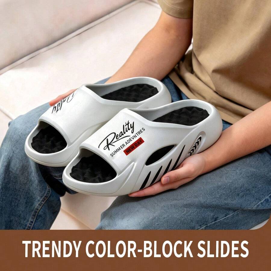 Men's Colorblock Letter Print Thick Sole Sandals, Super Soft Shock-Absorbing EVA Open Toe Slides, Casual Daily Wear Thick Sole Slip-On Slippers (Recommended To Order One Size Up)