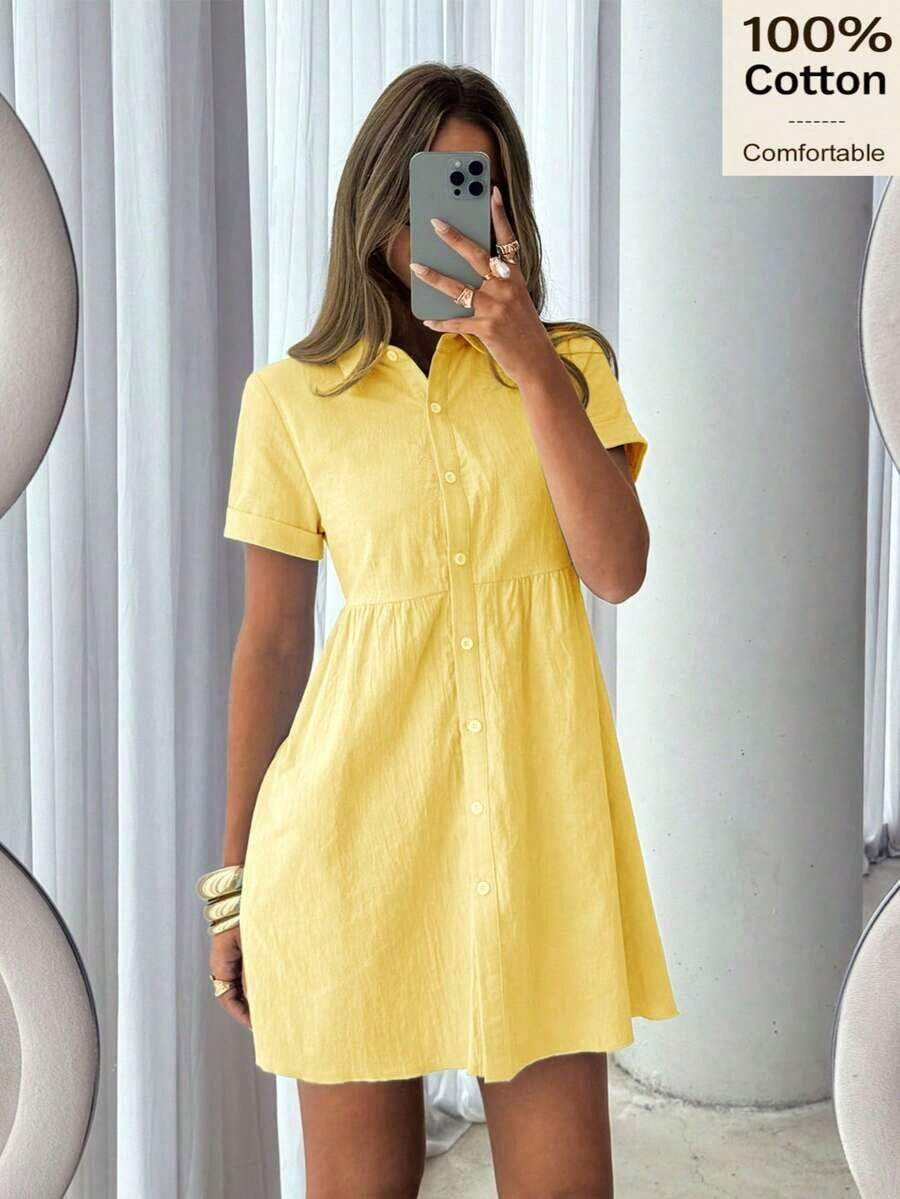 Women's Solid Color Single Breasted Casual Mini Dress - 黃色 - 查看 1