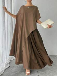 Autumn/Winter New Women's Round Neck Batwing Sleeve Asymmetric Dress Elastic Waist Skirt Colorblock 2-Piece Set, Purple Elegant Luxury Party Gathering Cocktail Dress Long Skirt, Fashion Loose Women's Outfit - Coffee Brown - View 10