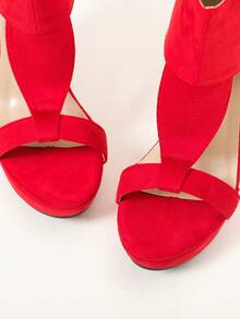 Sandalias de plataforma de tacón grueso y velvet con puntera abierta, estilo sexy para el verano 2026. Botas de cuña de tacón alto y grueso - Rojo - Ver 7