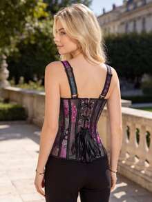 Women's Floral Jacquard Lace Up Corset Tops For Women Gothic Jacquard Shoulder Straps Corset Overbust Corset Bustiers - Purple - View 3