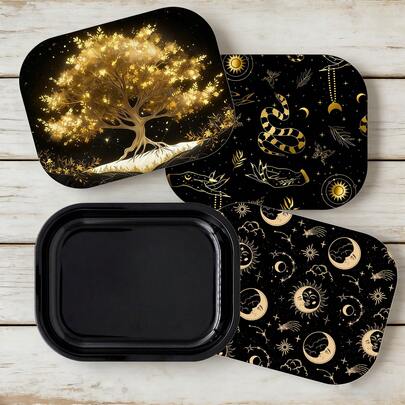 Bandeja de metal negro de 18*14cm con tapa magnética, tapa magnética con patrón que se ajusta firmemente para mantener limpios y frescos los artículos almacenados. Accesorios para fumar adecuados para el hogar y el exterior, accesorio perfecto como regalo para cumpleaños y festividades.