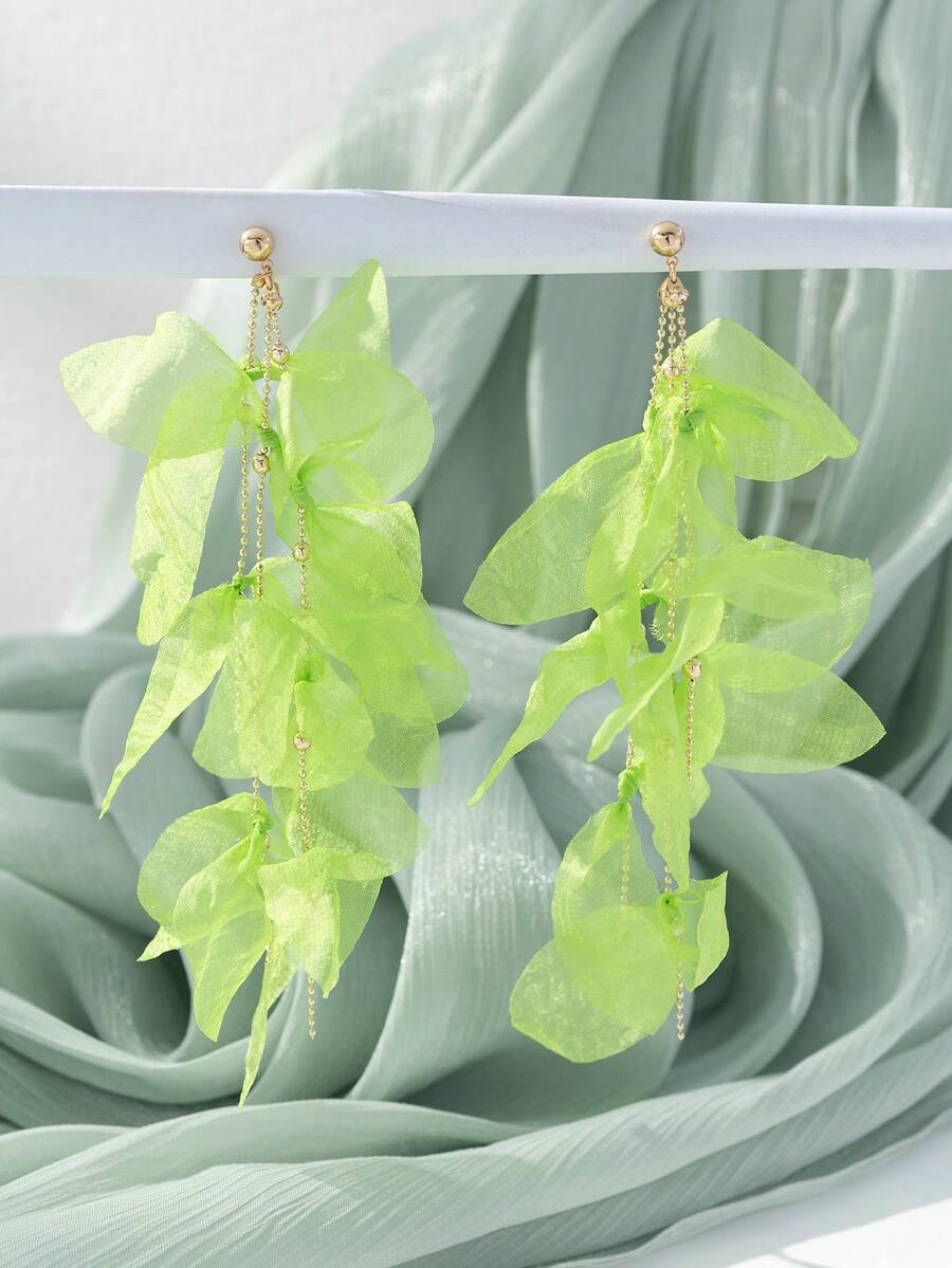 1 Pasang Anting Panjang Motif Daun Kristal Kain Hijau Manis & Elegan, Cocok Untuk Dipakai Saat Liburan (Warna Manik-manik Acak) - Hijau 1340 - View 1