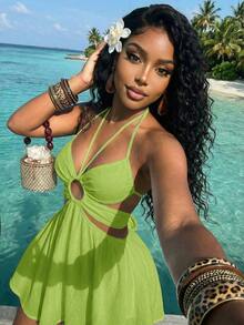 Vestido corto de mujer de crepé blanco con escote halter, encaje, parches y falda paraguas calada, versátil, casual y elegante, adecuado para vacaciones, viajes, playas, zonas costeras, piscinas, yates, tomar el sol, lindo y dulce - Verde - Ver 1