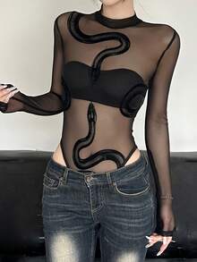 2026 Snake Print Mesh Bodysuit Sexy Snake Print Mesh Patchwork Long Sleeve Bodysuit Sheer See Through Slim Fit Going Out Top - 黑色 - 查看 4
