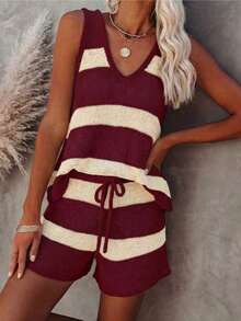 Conjunto de punto de chaleco y pantalones cortos a rayas de contraste de cuello en V, estilo elegante y relajado, adecuado para el uso diario, vacaciones, salidas a la playa en verano - Burdeos - Ver 3