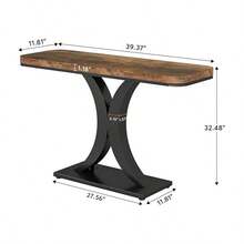 Industrial Console Table, 100cm Narrow Hall Table With Geometric Base, Rustic Hallway Side Table For Living Room, Entryway - Vintage Brown + Black - View 8