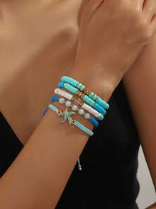 Set de 5 piezas de pulsera con colgante de estrella de mar bohemio, cuentas de arcilla polimérica y perlas falsas, ajustable, adecuado para uso diario, playa, vacaciones, joyería de verano como regalo para mujeres - Celeste - Ver 5