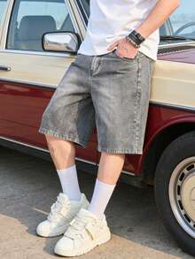 Men's Washed DenimBermuda Shorts, Casual Minimalist Versatile Non-Stretch Straight Leg Pants - Light Grey - View 6