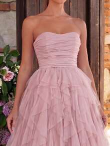 Faeriesty Vestido de novia romántico sin tirantes, falda de tul con volantes en capas, silueta de línea A, perfecto para bodas clásicas, graduaciones, galas de noche - Rosa Pálido - Ver 5