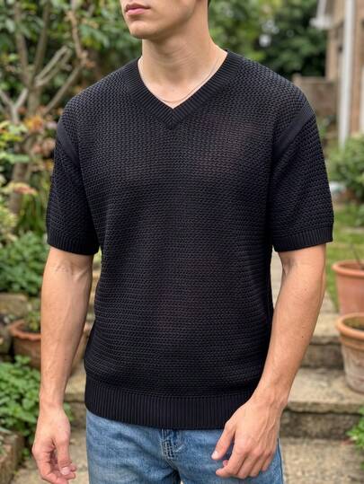 Men's V-Neck Hollow Mesh All-Match Street Casual Commute Versatile Short Sleeve T-Shirt Knit Top, Black
