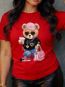 Unisex Size. Plus Size Summer Cotton T-Shirt For Women. Short-Sleeved Casual Women's T-Shirt With A Cartoon Bear Design. Sweat-Absorbent, Soft, And Skin-Friendly Material. - 紅色1 - 查看 6